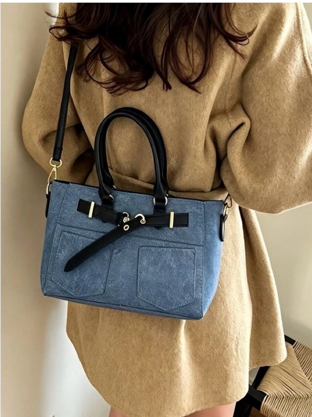 New Zenana denim pocket patch tote bag with Crossbody - Picture 2 of 5